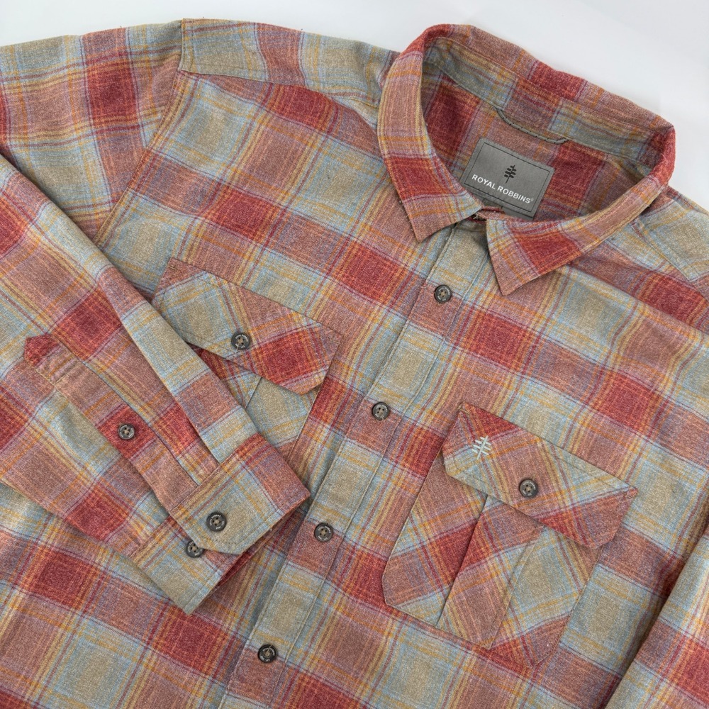 Royal Robbins Flannel Shirt Mens XL Red Grey Plaid Long Sleeve Button Up Outdoor